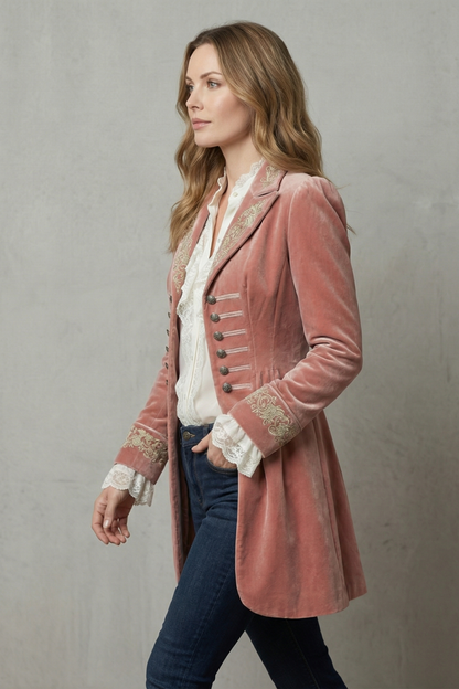Rosalind | Tailcoat Dusty Pink Velvet Embroidered Military for Women