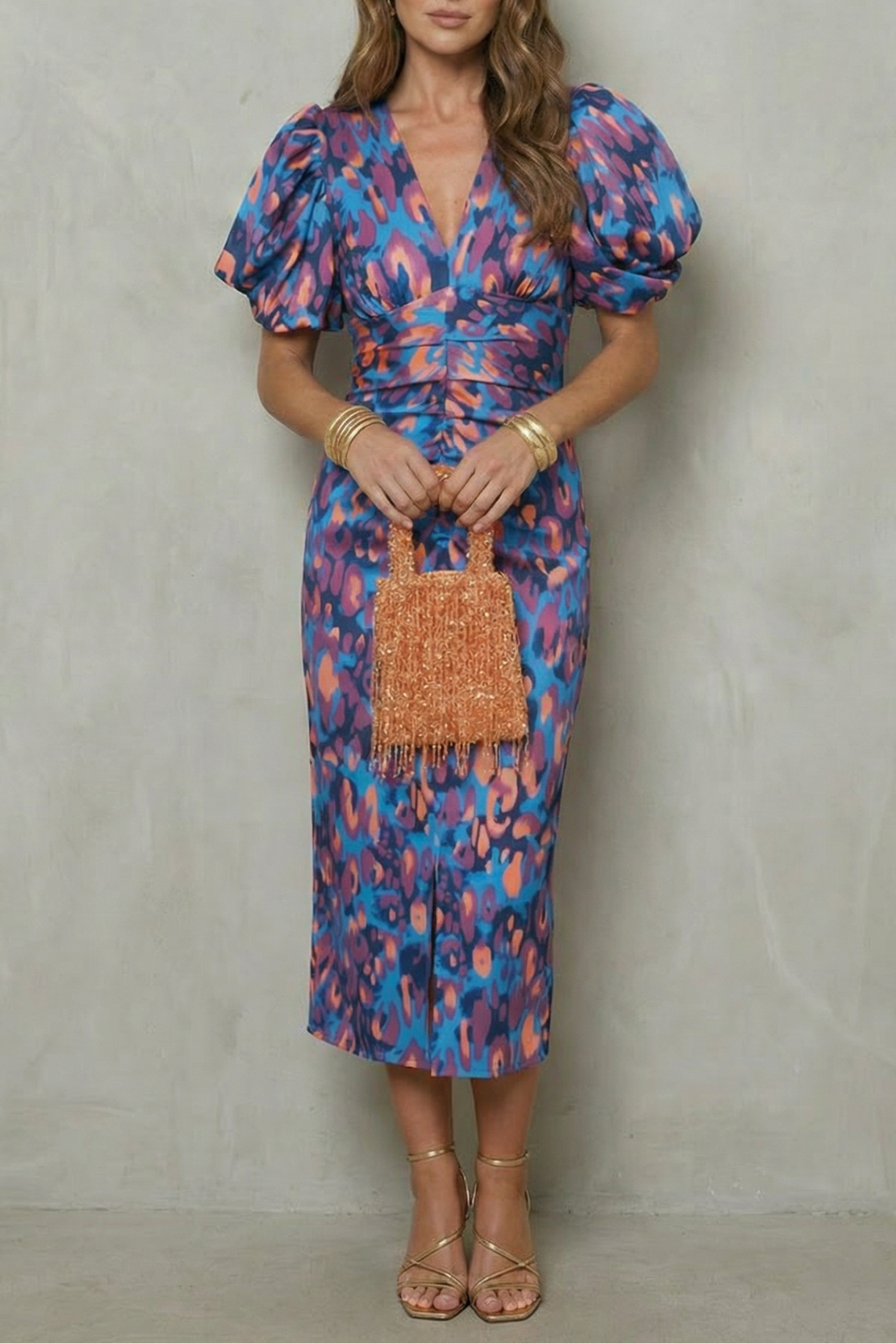 Rosalind | Midi Dress Blue Abstract Print Puff Sleeve V-Neck for Women