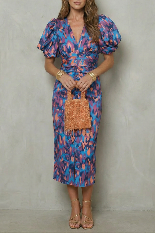 Rosalind | Midi Dress Blue Abstract Print Puff Sleeve V-Neck for Women
