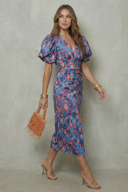 Rosalind | Midi Dress Blue Abstract Print Puff Sleeve V-Neck for Women