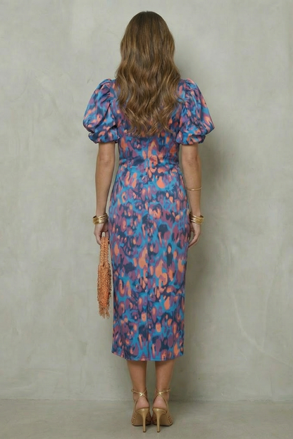 Rosalind | Midi Dress Blue Abstract Print Puff Sleeve V-Neck for Women