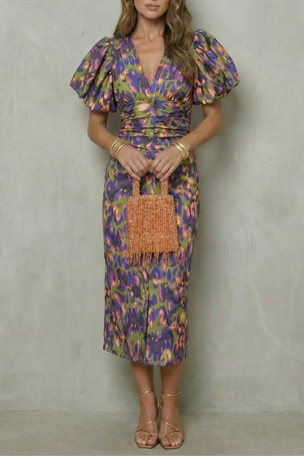 Rosalind | Midi Dress Blue Abstract Print Puff Sleeve V-Neck for Women