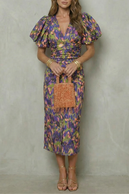 Rosalind | Midi Dress Blue Abstract Print Puff Sleeve V-Neck for Women