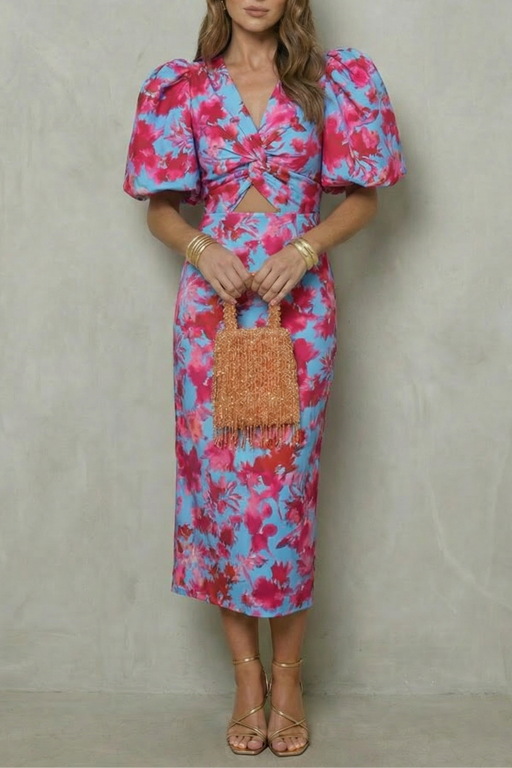 Rosalind | Midi Dress Blue Abstract Print Puff Sleeve V-Neck for Women