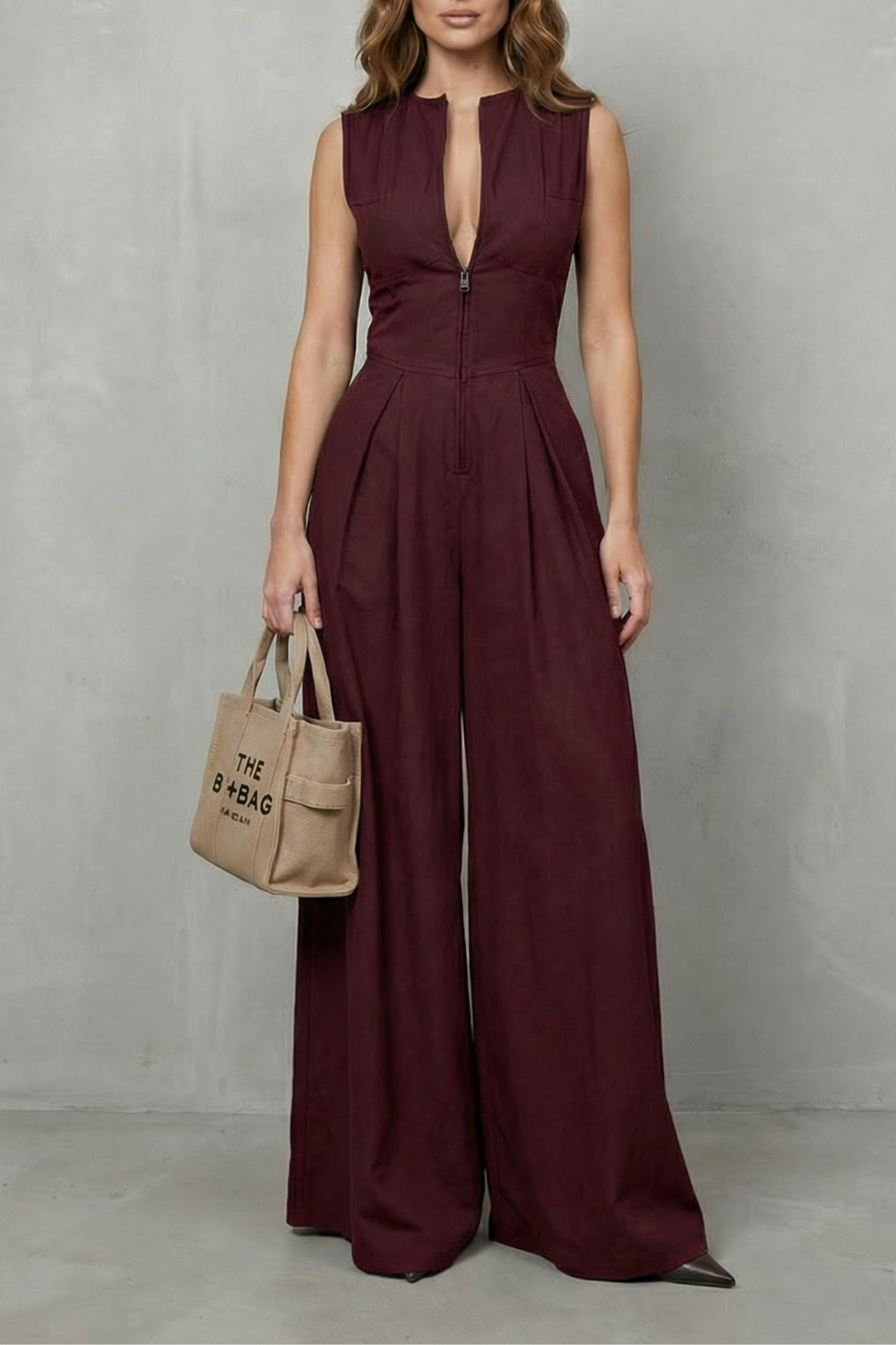 Verity | Sleeveless Jumpsuit Black Wide-Leg Zip-Front for Women