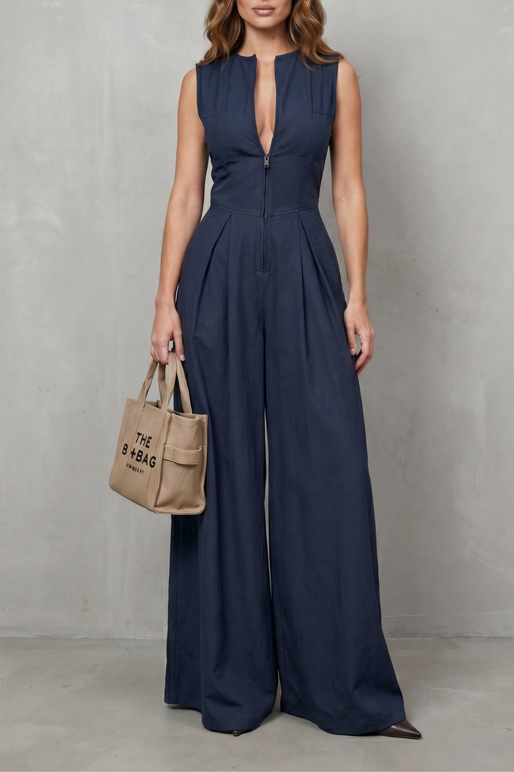 Verity | Sleeveless Jumpsuit Black Wide-Leg Zip-Front for Women
