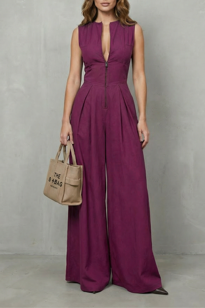Verity | Sleeveless Jumpsuit Black Wide-Leg Zip-Front for Women