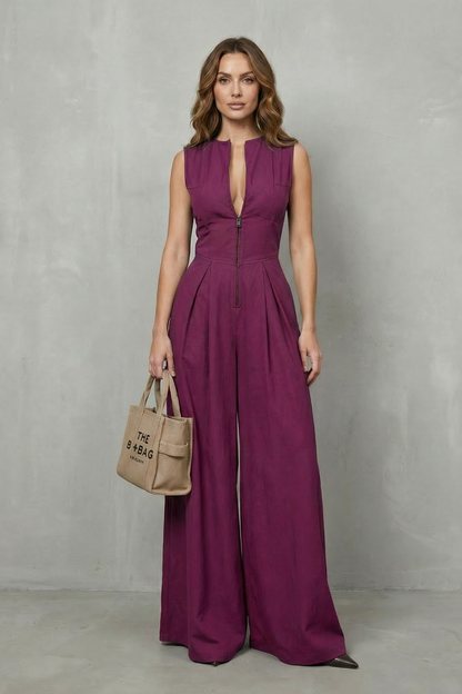 Verity | Sleeveless Jumpsuit Black Wide-Leg Zip-Front for Women