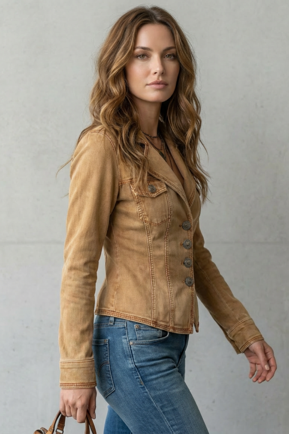 Waverly | Denim Blazer Camel Brown Sculpted Fit Button-Front for Women