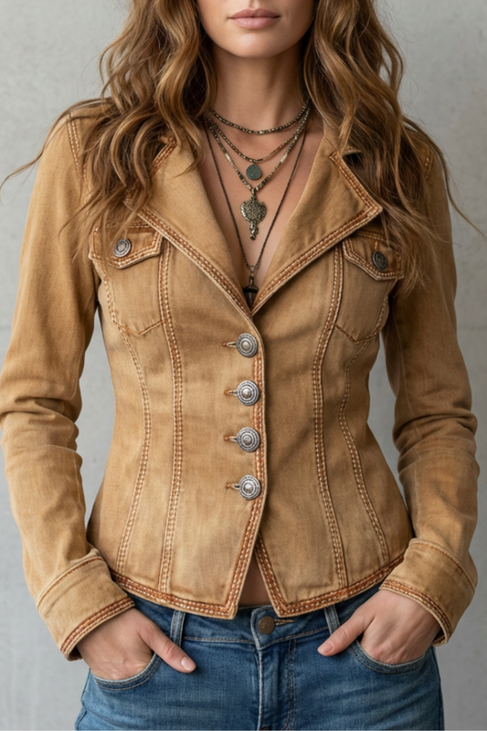Waverly | Denim Blazer Camel Brown Sculpted Fit Button-Front for Women