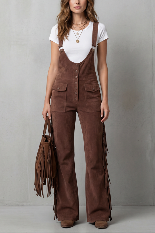 Margot | Fringed Suede Dungaree Brown Flared Wide-Leg for Women