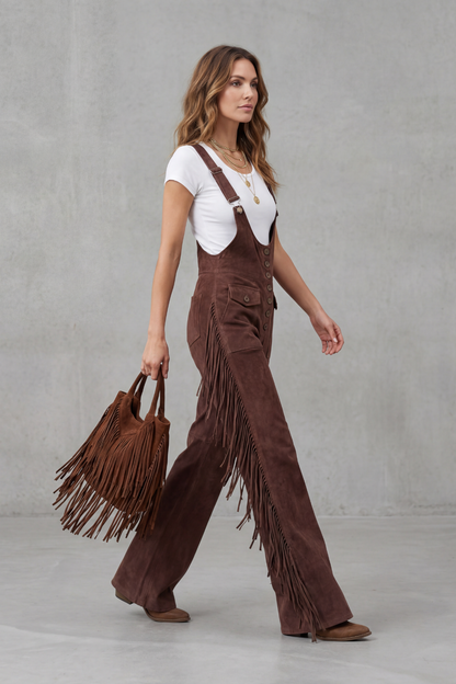 Margot | Fringed Suede Dungaree Brown Flared Wide-Leg for Women