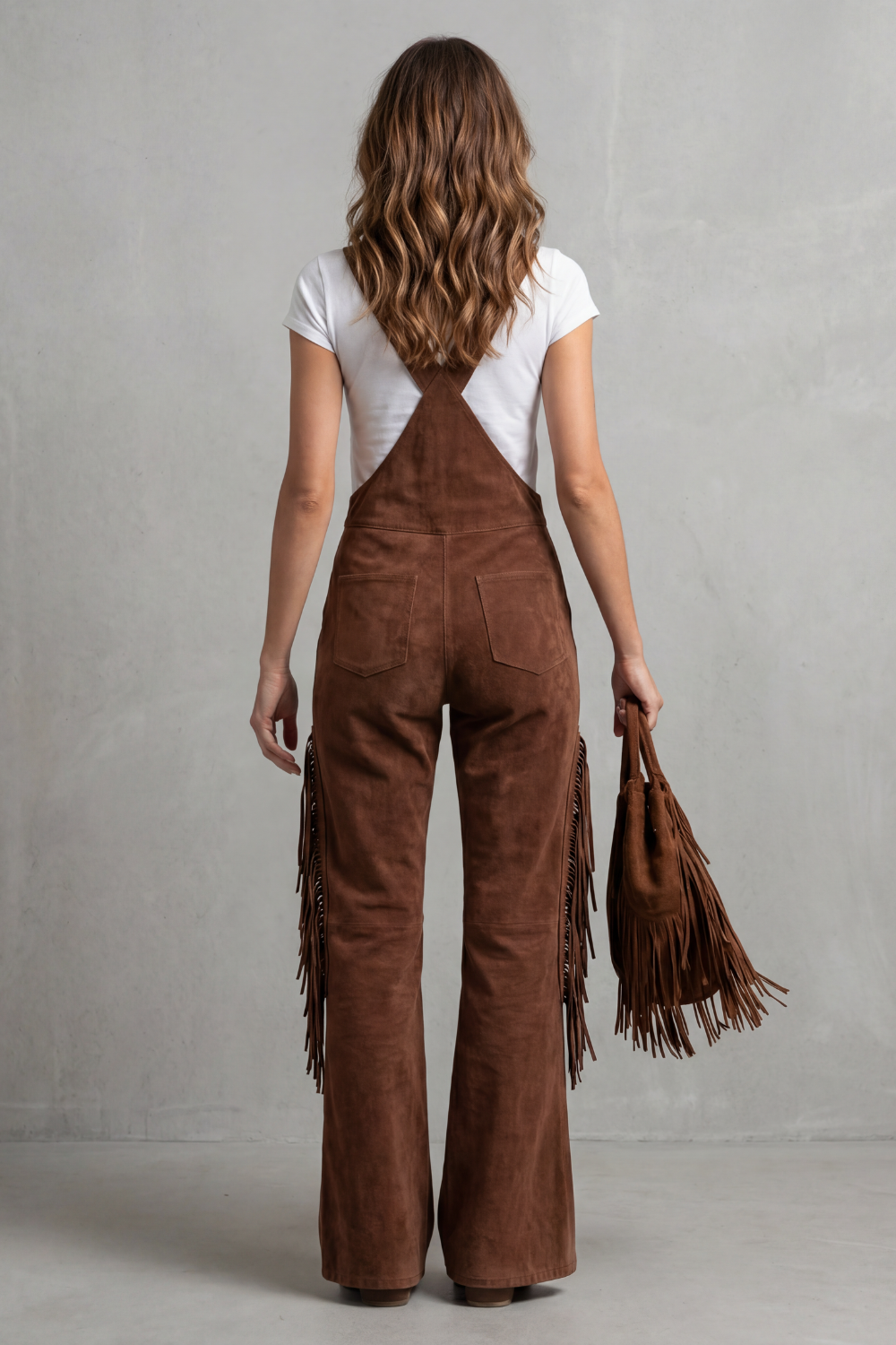 Margot | Fringed Suede Dungaree Brown Flared Wide-Leg for Women