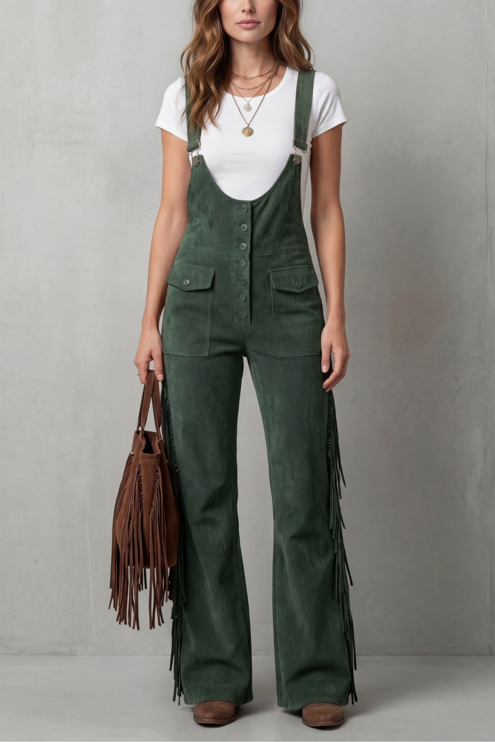Margot | Fringed Suede Dungaree Brown Flared Wide-Leg for Women