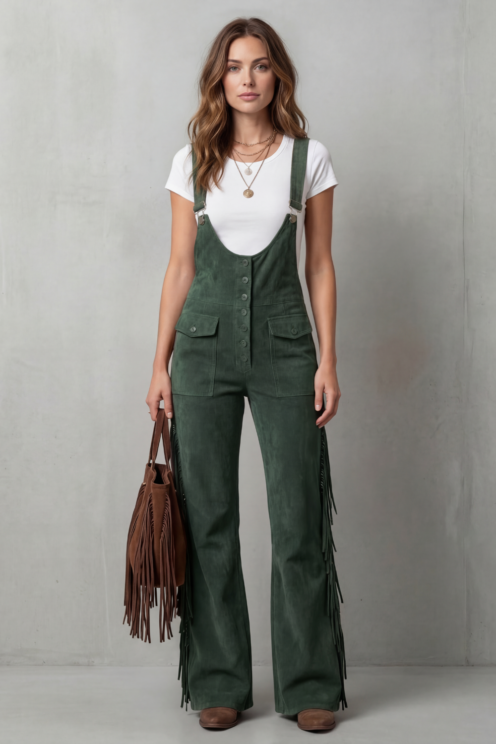 Margot | Fringed Suede Dungaree Brown Flared Wide-Leg for Women