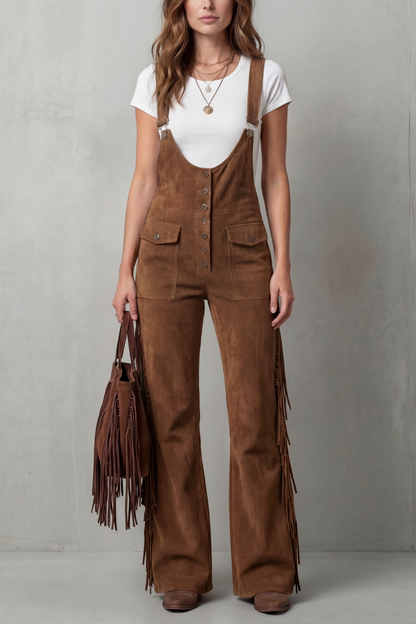 Margot | Fringed Suede Dungaree Brown Flared Wide-Leg for Women