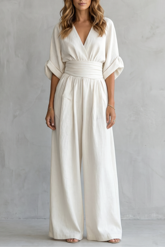 Marguerite | Wide-Leg Jumpsuit Ivory Linen-Blend V-Neck Draped Waist for Women