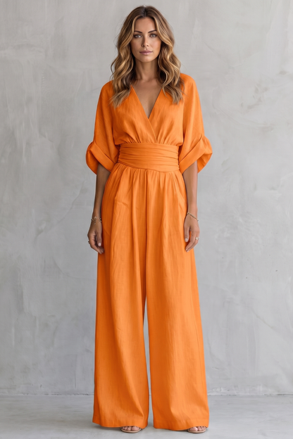 Marguerite | Wide-Leg Jumpsuit Ivory Linen-Blend V-Neck Draped Waist for Women