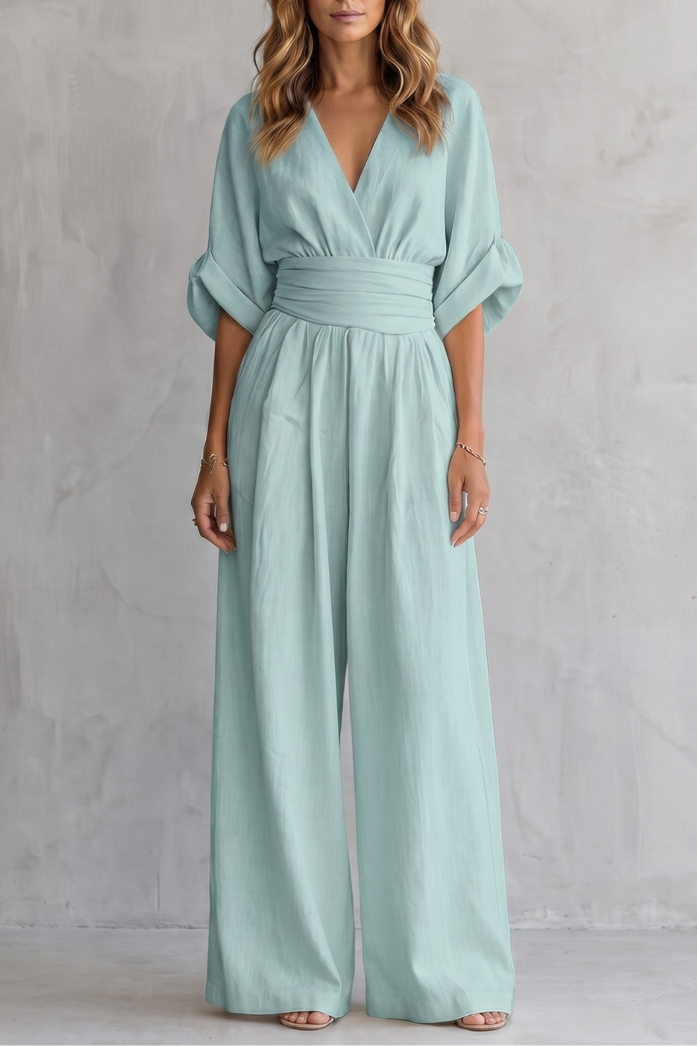 Marguerite | Wide-Leg Jumpsuit Ivory Linen-Blend V-Neck Draped Waist for Women
