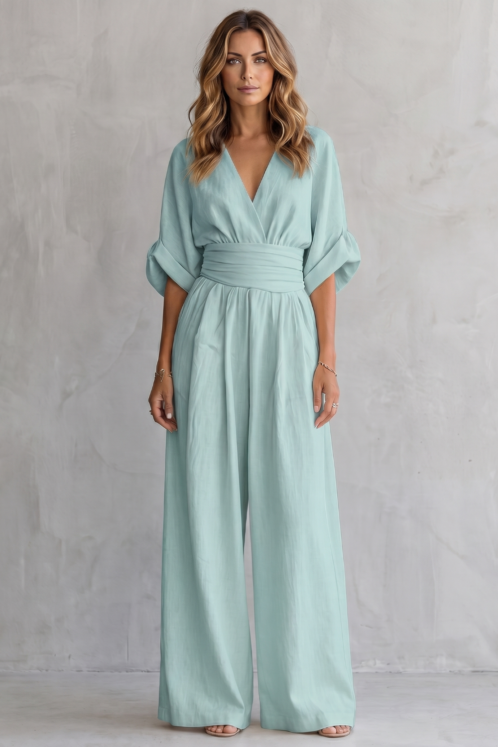 Marguerite | Wide-Leg Jumpsuit Ivory Linen-Blend V-Neck Draped Waist for Women