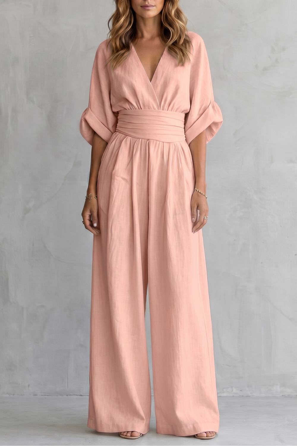 Marguerite | Wide-Leg Jumpsuit Ivory Linen-Blend V-Neck Draped Waist for Women