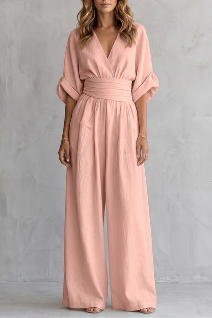 Marguerite | Wide-Leg Jumpsuit Ivory Linen-Blend V-Neck Draped Waist for Women