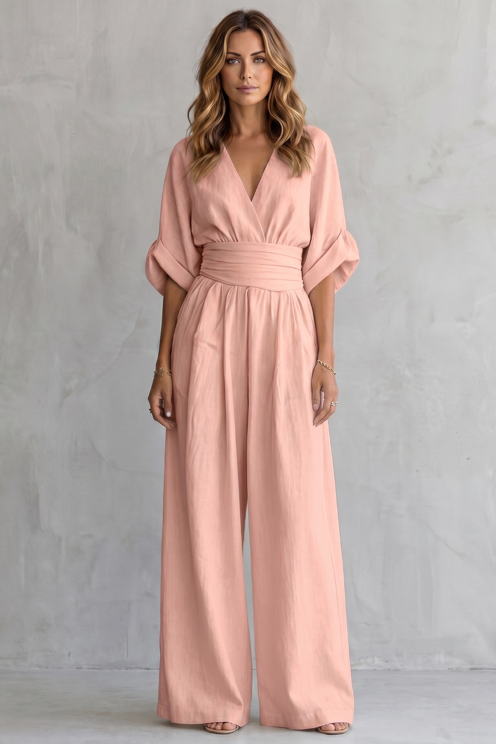 Marguerite | Wide-Leg Jumpsuit Ivory Linen-Blend V-Neck Draped Waist for Women