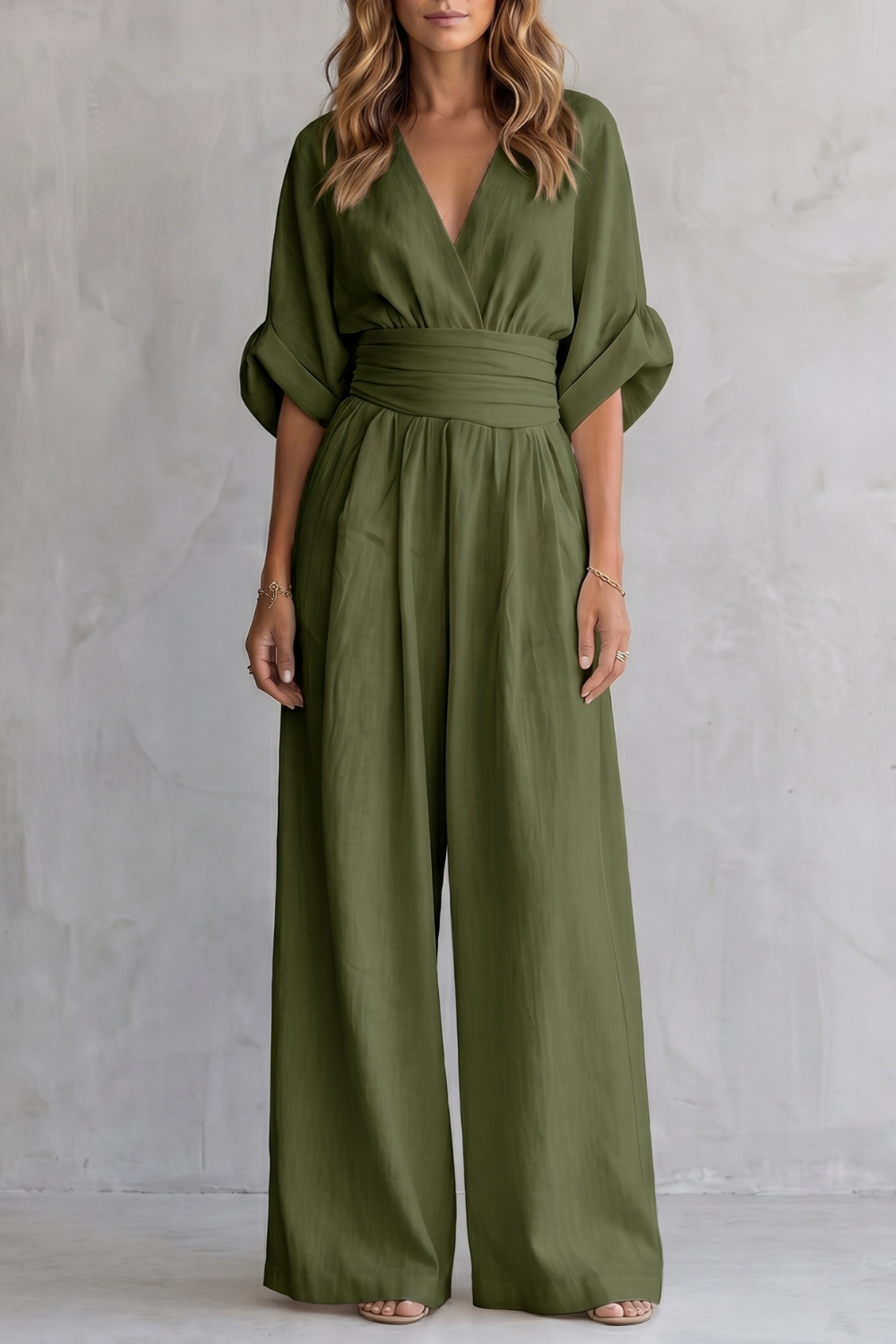 Marguerite | Wide-Leg Jumpsuit Ivory Linen-Blend V-Neck Draped Waist for Women