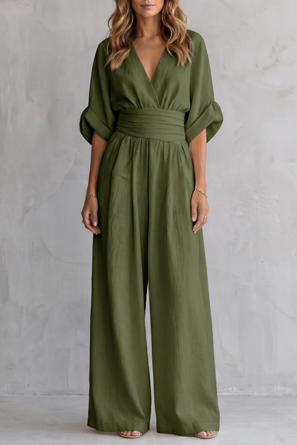 Marguerite | Wide-Leg Jumpsuit Ivory Linen-Blend V-Neck Draped Waist for Women