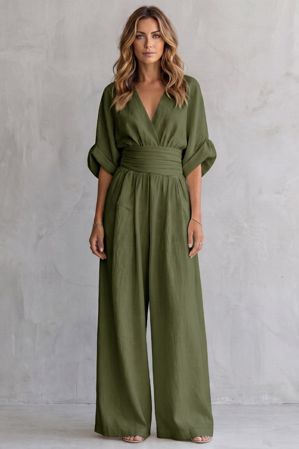 Marguerite | Wide-Leg Jumpsuit Ivory Linen-Blend V-Neck Draped Waist for Women