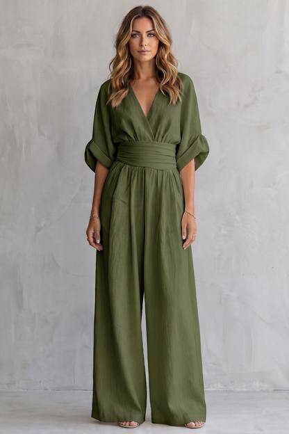 Marguerite | Wide-Leg Jumpsuit Ivory Linen-Blend V-Neck Draped Waist for Women