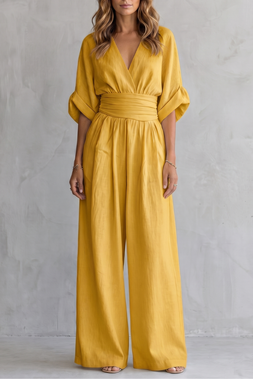 Marguerite | Wide-Leg Jumpsuit Ivory Linen-Blend V-Neck Draped Waist for Women