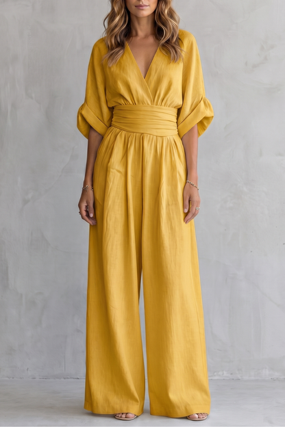Marguerite | Wide-Leg Jumpsuit Ivory Linen-Blend V-Neck Draped Waist for Women