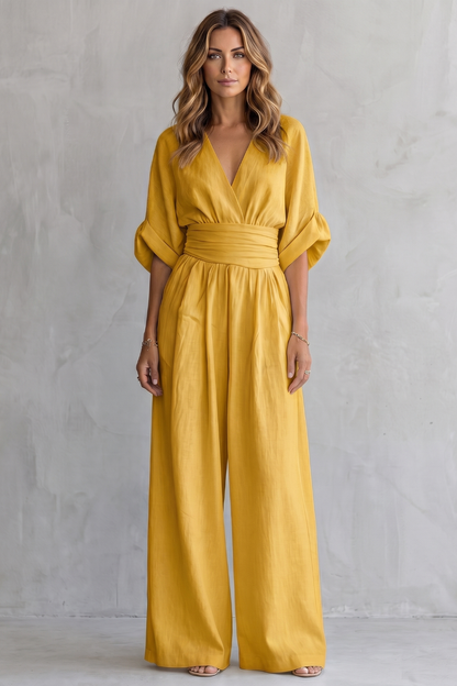 Marguerite | Wide-Leg Jumpsuit Ivory Linen-Blend V-Neck Draped Waist for Women