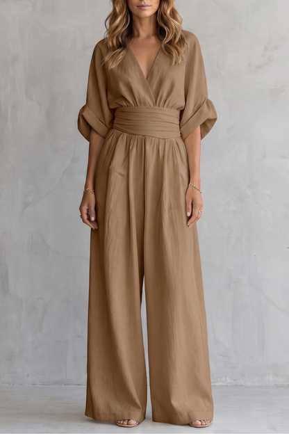 Marguerite | Wide-Leg Jumpsuit Ivory Linen-Blend V-Neck Draped Waist for Women
