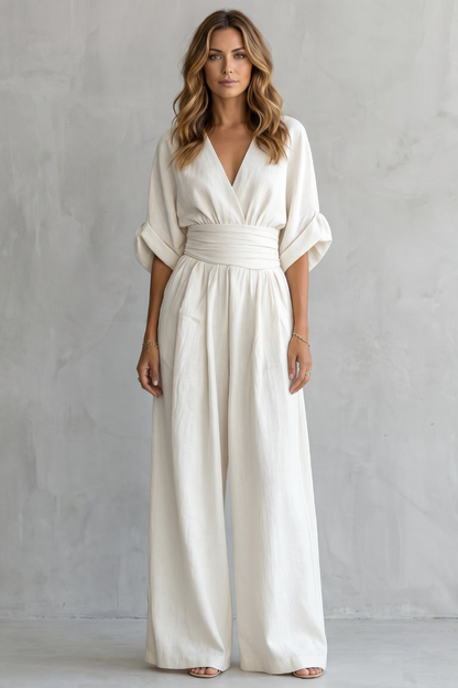 Marguerite | Wide-Leg Jumpsuit Ivory Linen-Blend V-Neck Draped Waist for Women