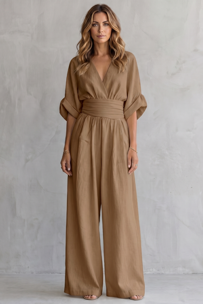 Marguerite | Wide-Leg Jumpsuit Ivory Linen-Blend V-Neck Draped Waist for Women
