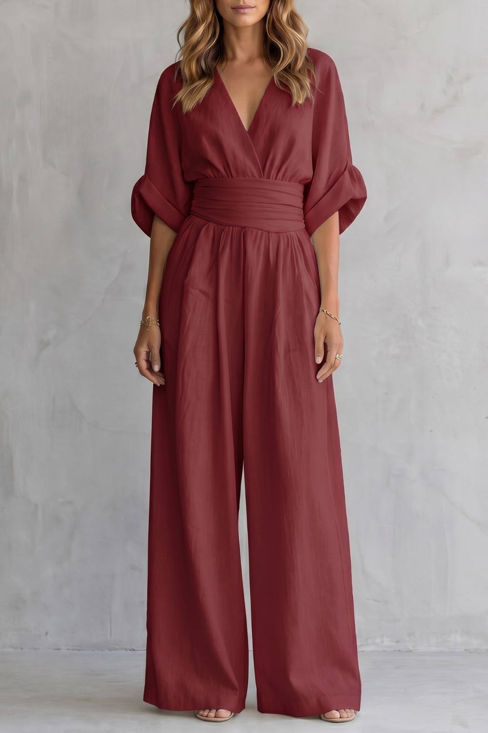 Marguerite | Wide-Leg Jumpsuit Ivory Linen-Blend V-Neck Draped Waist for Women