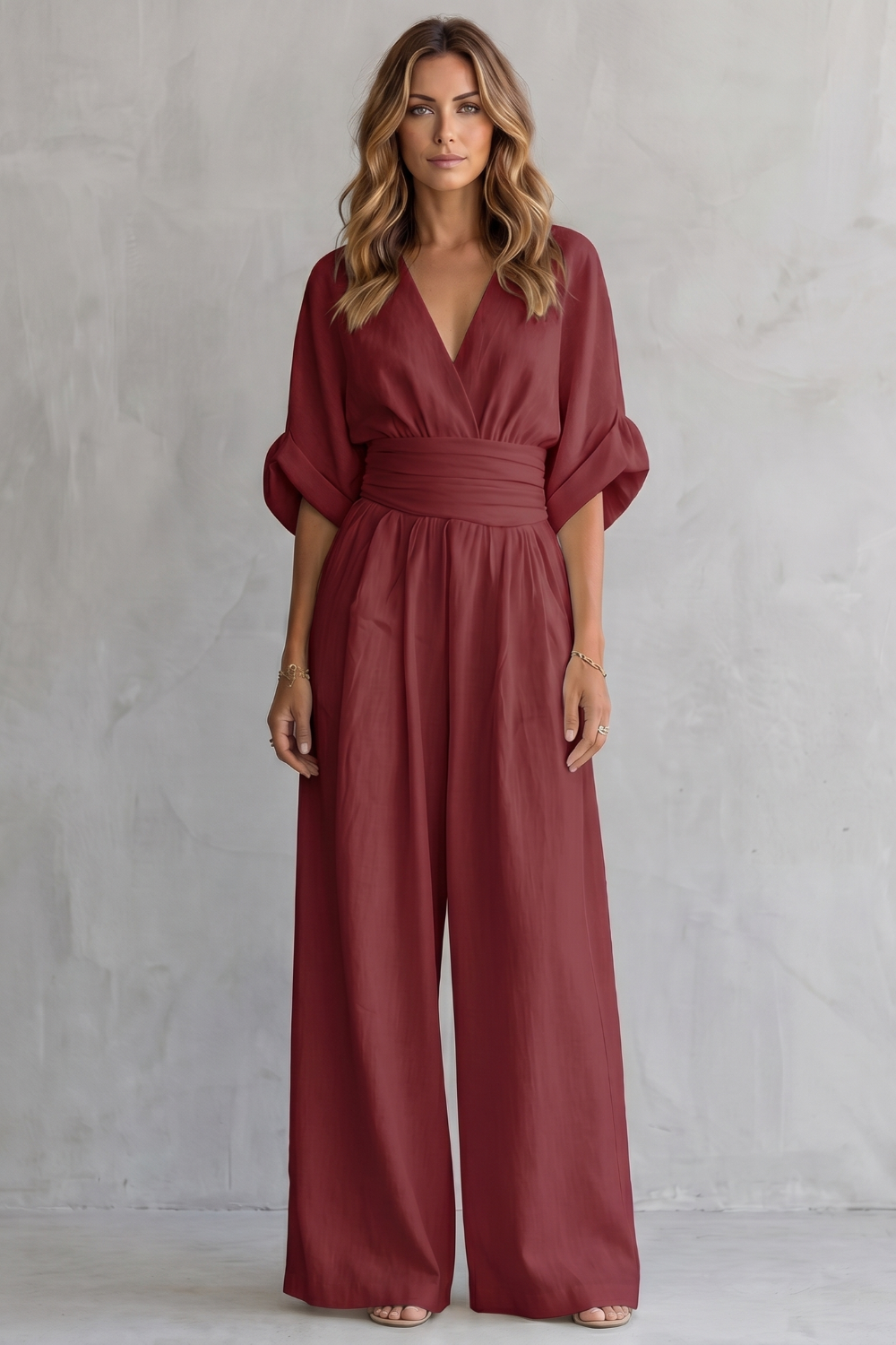Marguerite | Wide-Leg Jumpsuit Ivory Linen-Blend V-Neck Draped Waist for Women