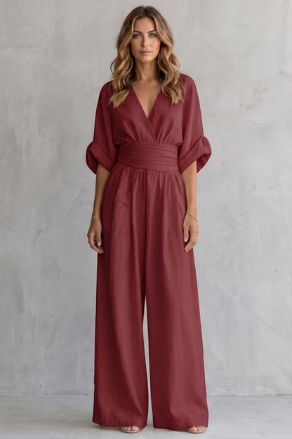 Marguerite | Wide-Leg Jumpsuit Ivory Linen-Blend V-Neck Draped Waist for Women