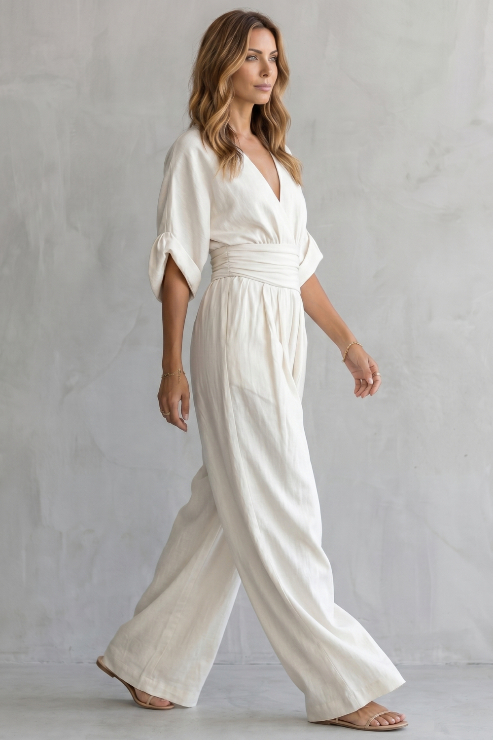 Marguerite | Wide-Leg Jumpsuit Ivory Linen-Blend V-Neck Draped Waist for Women