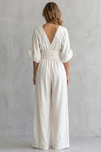 Marguerite | Wide-Leg Jumpsuit Ivory Linen-Blend V-Neck Draped Waist for Women