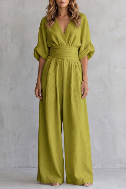 Marguerite | Wide-Leg Jumpsuit Ivory Linen-Blend V-Neck Draped Waist for Women