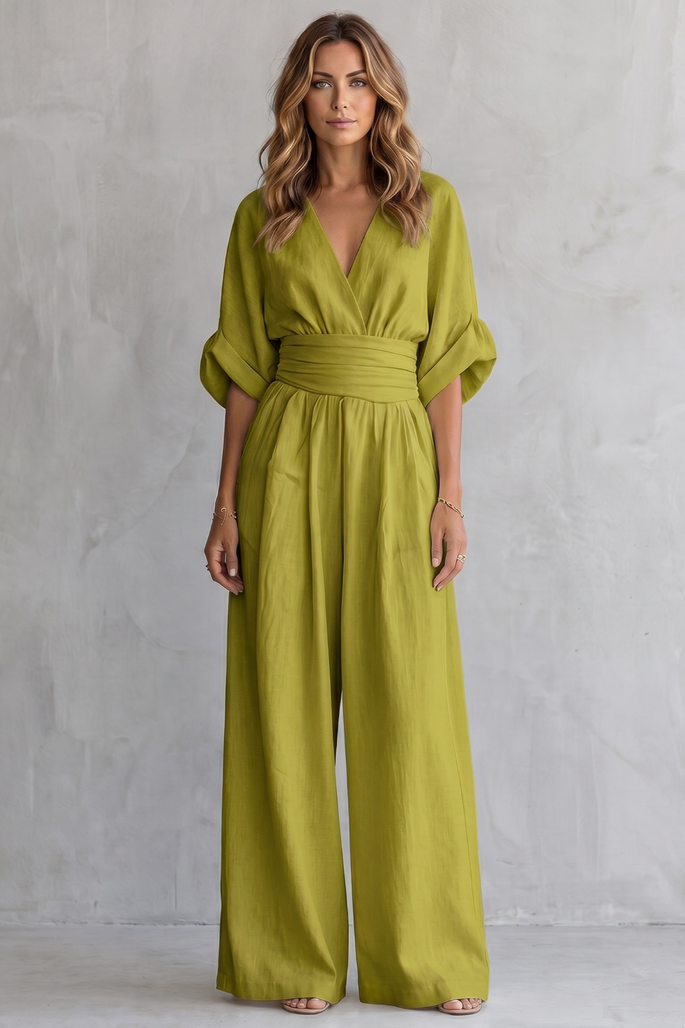 Marguerite | Wide-Leg Jumpsuit Ivory Linen-Blend V-Neck Draped Waist for Women