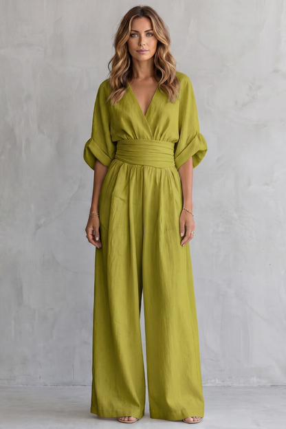 Marguerite | Wide-Leg Jumpsuit Ivory Linen-Blend V-Neck Draped Waist for Women