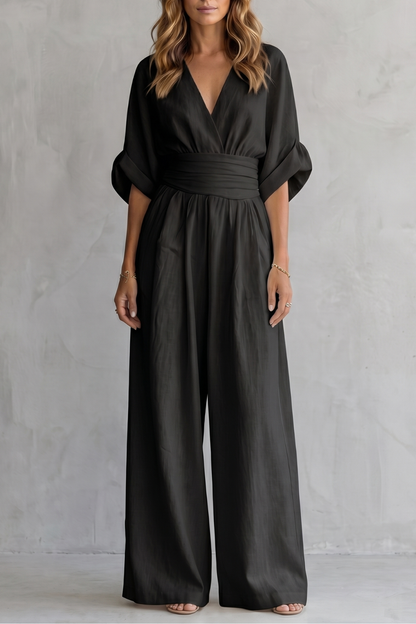 Marguerite | Wide-Leg Jumpsuit Ivory Linen-Blend V-Neck Draped Waist for Women