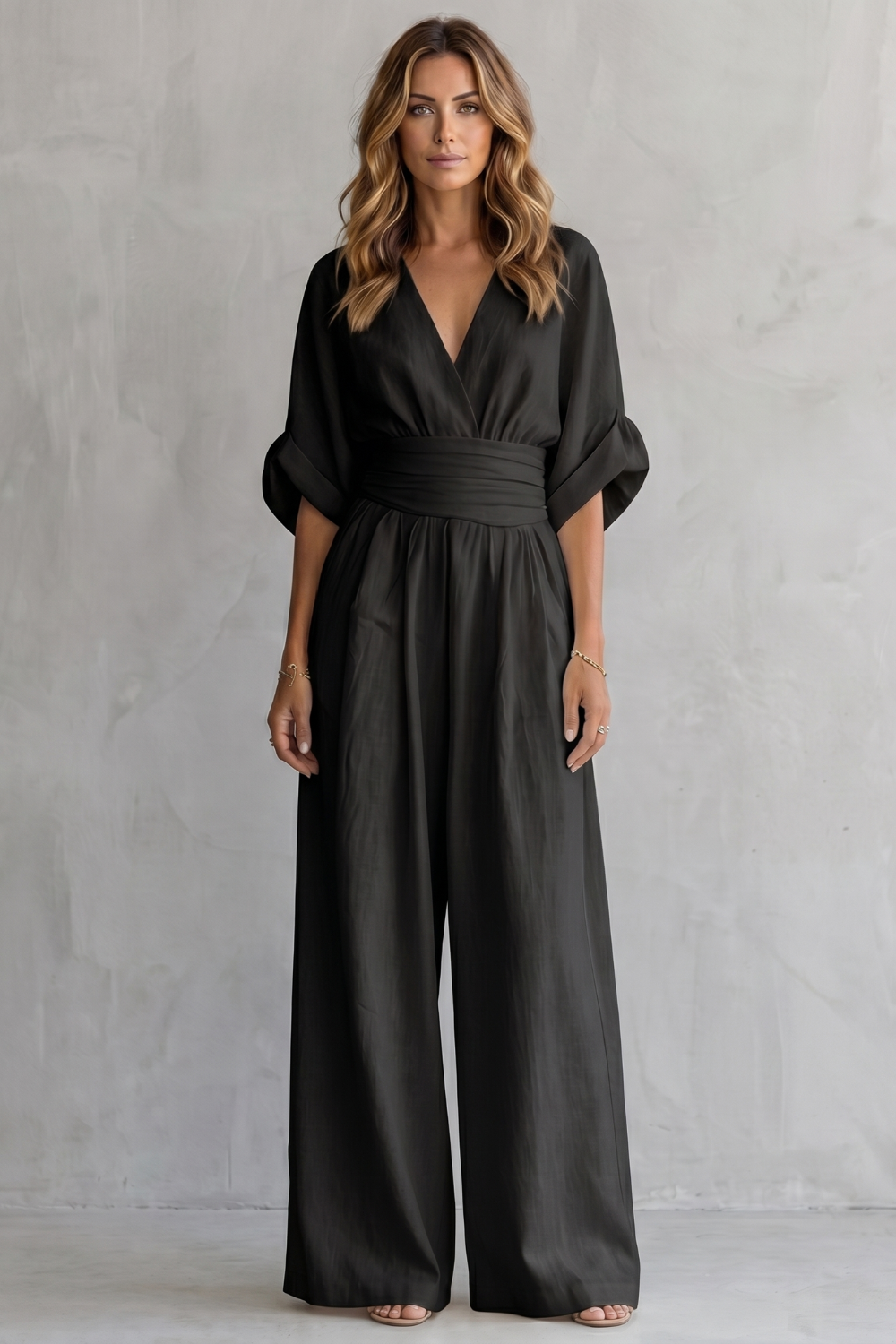 Marguerite | Wide-Leg Jumpsuit Ivory Linen-Blend V-Neck Draped Waist for Women