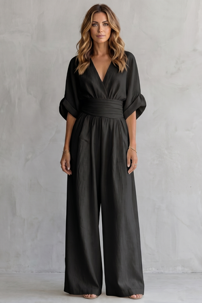 Marguerite | Wide-Leg Jumpsuit Ivory Linen-Blend V-Neck Draped Waist for Women