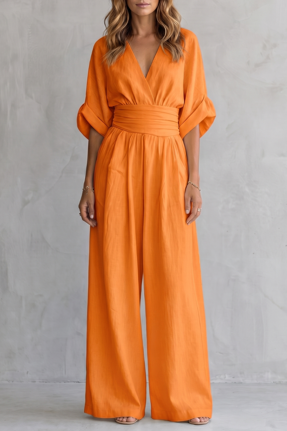 Marguerite | Wide-Leg Jumpsuit Ivory Linen-Blend V-Neck Draped Waist for Women