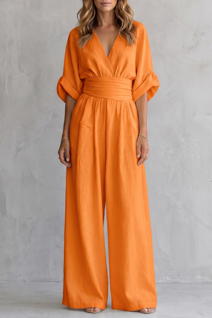 Marguerite | Wide-Leg Jumpsuit Ivory Linen-Blend V-Neck Draped Waist for Women